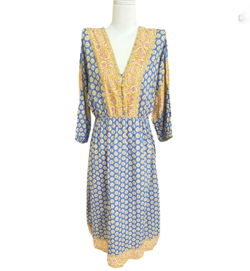J. Crew Womens Midi Dress 3/4 Slv V Neck Cotton Sz XS 